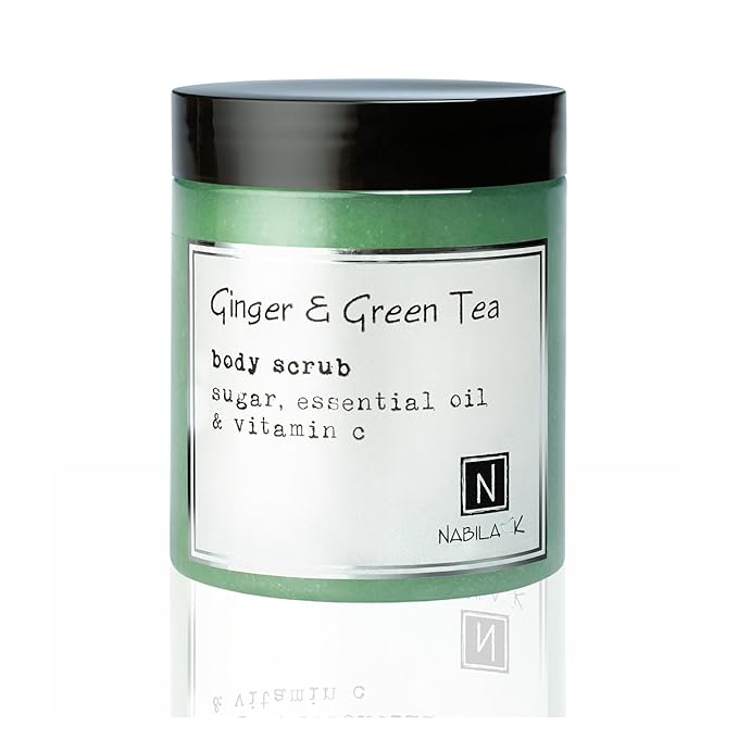 Ginger & Green Tea Body Scrub Made in USA with Essential Oil and Vitamin C by Nabila K - Exfoliate and Moisturize for Smooth Skin - Luxury for Women & Men, 3 oz