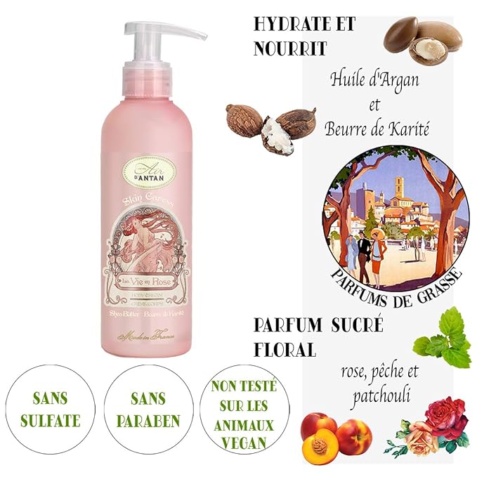 Un Air d'Antan 6.76Oz Body Lotion - Rose Peach Patchouli Premium Body Cream with Organic Shea Butter & Argan Oil -Non-Greasy Moisturizing Body Lotion for Women Dry Skin, Gentle Fragrance, Paraben-Free