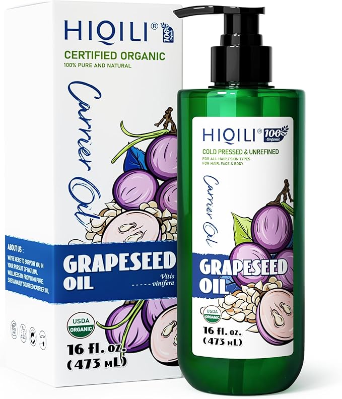 HIQILI 16 Fl Oz Organic Grapeseed Oil for Hair, for Skin, Carrier Oil for Essential Oils Mixing, 100% Pure & Natural-473ML