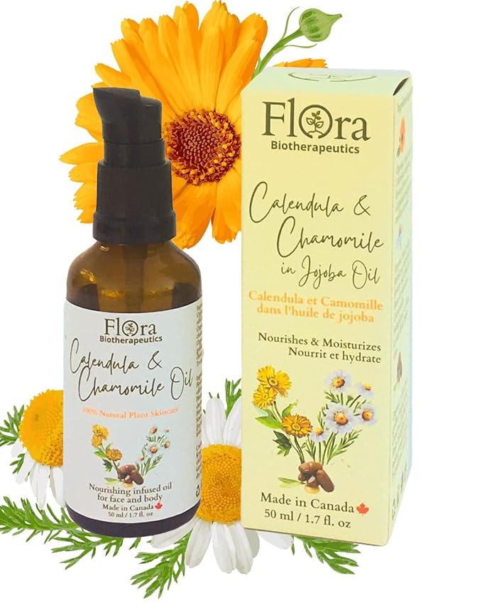 FLORA Organic Calendula & Chamomile Flowers Double Infused in Golden Jojoba Oil. 100% Plant Based & Unscented. 1.7fl oz. Gentle Soothing Oil for Sensitive Skin - for Face, Body, Hair - Made in Canada