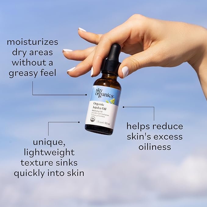 Sky Organics Organic Jojoba Oil for Face, Balancing Oil for Light Hydration & Helps Reduce Excess Oiliness, Suitable For Oily, Combination and Blemish-Prone Skin, 100% Pure & Cold-Pressed, 1 fl oz