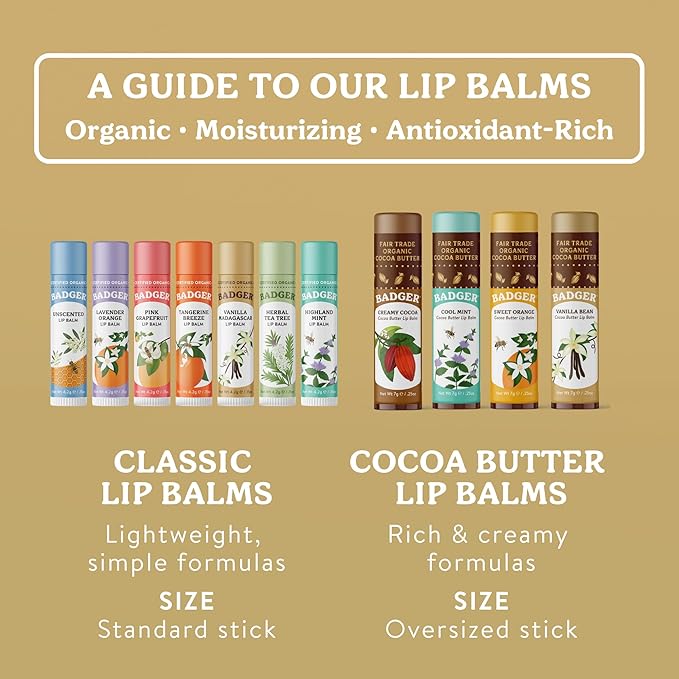 Badger Vanilla Bean Cocoa Butter Lip Balm, Long Lasting Hydrating Lip Care, 100% Organic Lip Balm, Large Size Stick, 4-pack