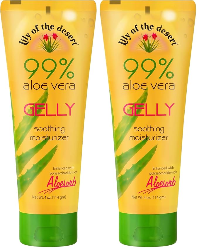 Lily Of The Desert Gelly Moisturizer - 99% Organic Aloe Vera Gel for Skin, After Sun Care with Aloe, Vitamin E Oil, and Vitamin C for Sunburn Relief, 4 Fl Oz (Pack of 2)