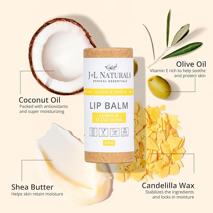 J&L Naturals Sustainable Lip Balm | Organic Ingredients, 100% Natural, Eco-Friendly | Cruelty Free, Vegan, Paraben Free, Silicone Free (Lemon & Ylang Ylang, 2-Piece Duo)