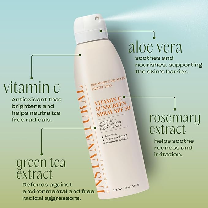 InstaNatural Skin Care Vitamin C SPF 50 Broad Spectrum Sunscreen Spray, Brightens & Hydrates, UVA, UVB Sun Protection Sunblock, with Aloe Vera & Botanicals, Aerosol Bottle, 5.5 Fl Oz (Pack of 2)