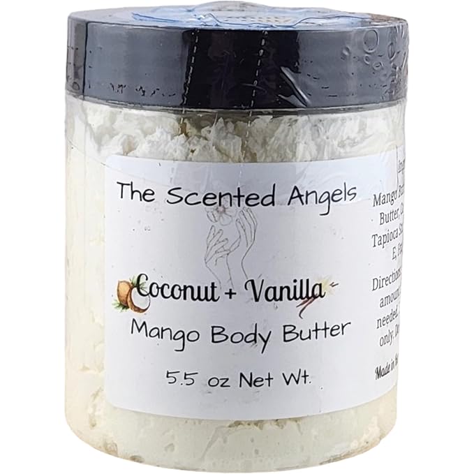 TSA Handmade Whipped Mango Coconut Vanilla Body Butter Cream, Luxury Body Lotion for Dry Skin, Daily Moisturizing Shea Butter, Sunflower Oil, Women, Men, Teens, 5.5 oz Jar (Coconut Vanilla, 5.5 oz)