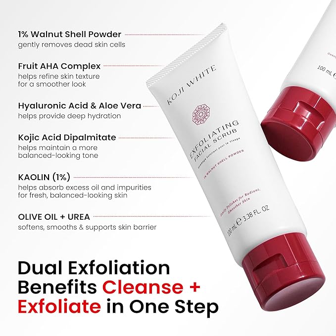 Koji White Exfoliating Facial Scrub | Kojic Acid Face Wash, Gentle Daily Scrubber & Exfoliator for Radiant with 1% Walnut Shell, AHA, Hyaluronic Acid for Uneven Skin Tone, Vegan Skincare, 3.38 Fl Oz