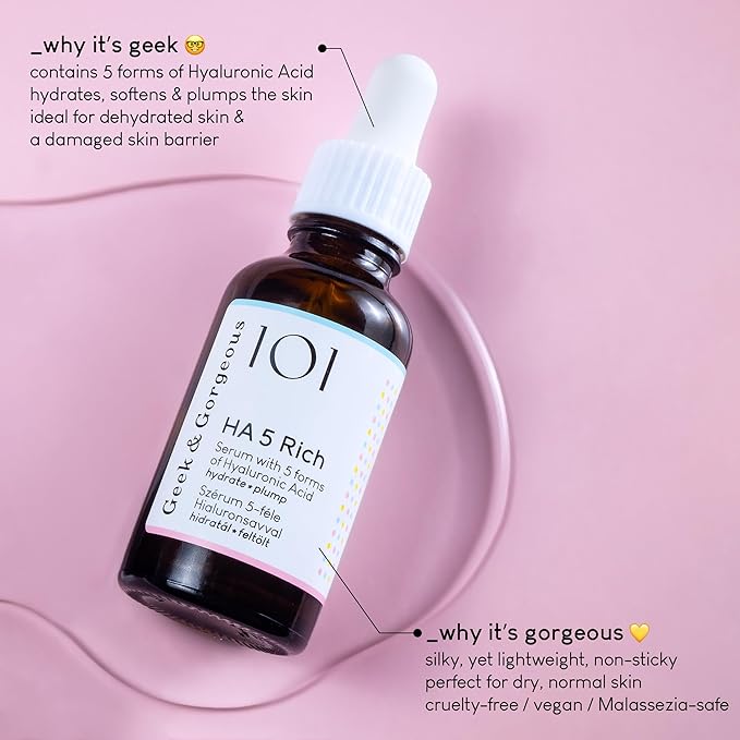 Geek & Gorgeous - HA 5 Rich - Serum with 5 forms of Hyaluronic acid, silky & rich - hydrates, softens & plumps the skin - all skin types especially normal & dry skin, 1 oz
