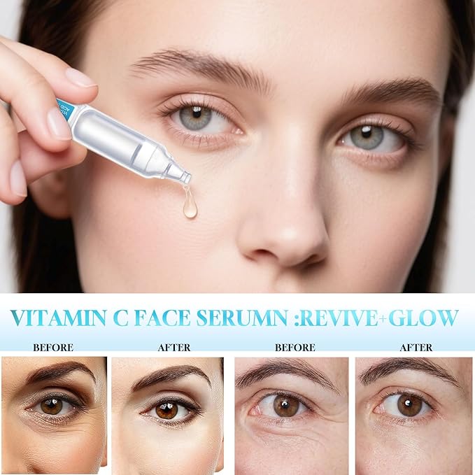 Vitamin C Hyaluronic Acid Serum for Face, Hydrating Facial Serum with 30 Single Use Vials, Lightweight Fast Absorbing Moisture Care for Dry Skin, Pre Makeup Skincare