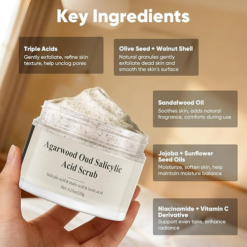 Agarwood Oud Facial Exfoliating Scrub, Face Exfoliator Scrub with AHA, BHA, Malic, Gentle Blackhead Remover & Body Smoothing, 4.23 fl.oz/120g
