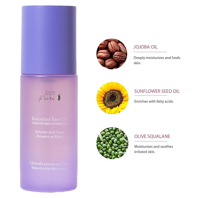100% PURE Bakuchiol Serum Facial Oil Moisturizer + Squalane Plant Based Retinol Alternative Skincare - Daily Anti Aging Glow for Women & Men All Skin Types, Vegan - 1 Fl Oz