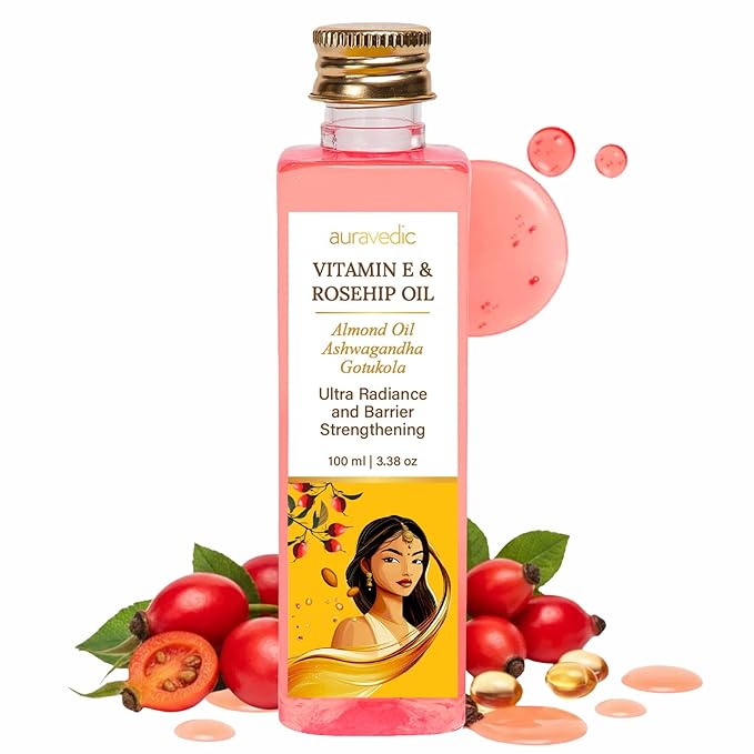 Auravedic Face & Body Oil for Dry, Dull Skin | Deep Hydration with Rosehip, Vitamin E & Almond Oil | Lightweight Daily Moisturizer for Natural Glow | 3.38 Fl Oz (100ml)