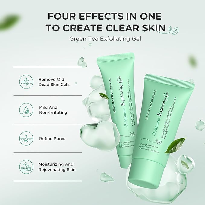 Green Tea Exfoliating Gel, Moisturizing Rejuvenating Facial Exfoliator, Deep Cleaning, Smooth, Refreshing & Oil Control, Remove Old Dead, Lightweight Cleanser for All Skin Types, 1.05oz