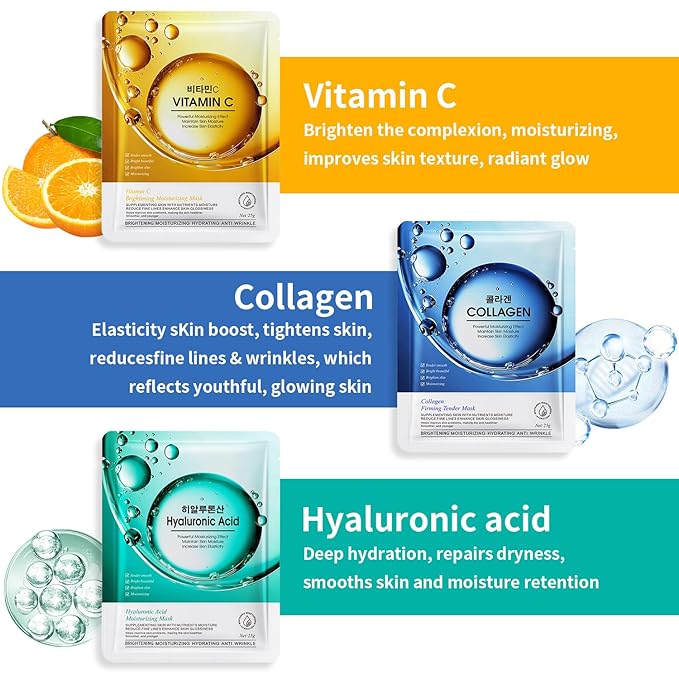 12 Pack Sheet Face Masks Skincare, Mothers Day Gifts, Collagen Face Mask Hyaluronic Acid Hydrating Face Sheet Masks, Vitamin C Face Masks for All Skin Types, Moisturizing, Brightening, Anti-Aging