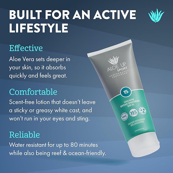 Aloe Up Sport Sunscreen Body Lotion SPF 15 - Broad Spectrum Sunblock With Hydrating Aloe Vera Gel - Non-Greasy,skin sun protection No White Cast - Reef Friendly sunscreen- Fragrance-Free - 6 Oz