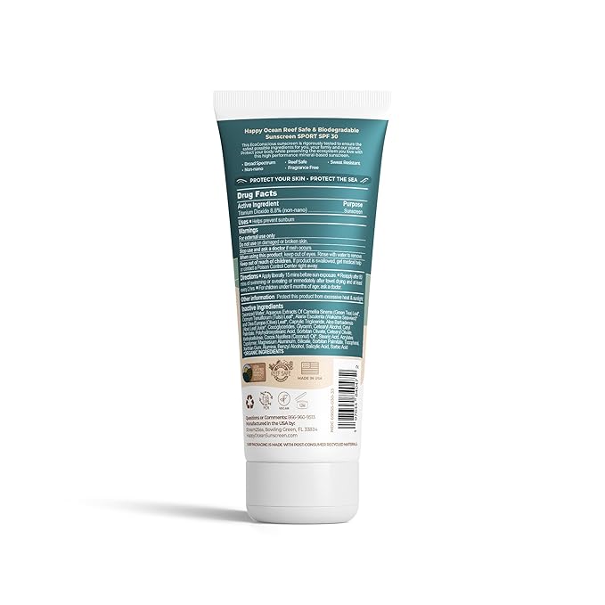 Happy Ocean SPF 30 Reef Friendly Sport Mineral Sunscreen for Face & Body, Non-Nano Zinc Oxide, Natural Organic Non Toxic Mineral Based Coral Reef Safe Sunscreen, Travel Size, Biodegradable 2.5 Fl Oz