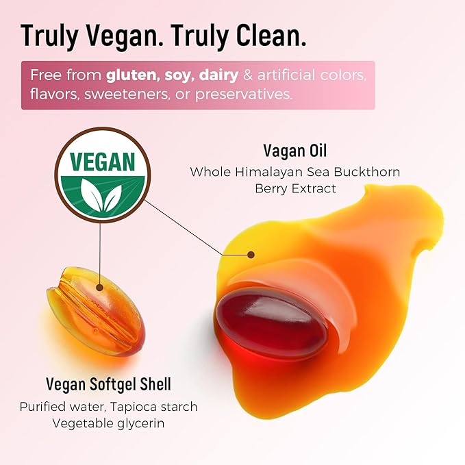 Laicuherb Skin Glow Sea Buckthorn Oil Capsules Support Face, Hair & Nails with Omega 3 6 9 & 7, Co2 Extracted, Himalayan Sea Buckthorn Berry Omega 3 Supplement Support Skin Hydration & Elasticity