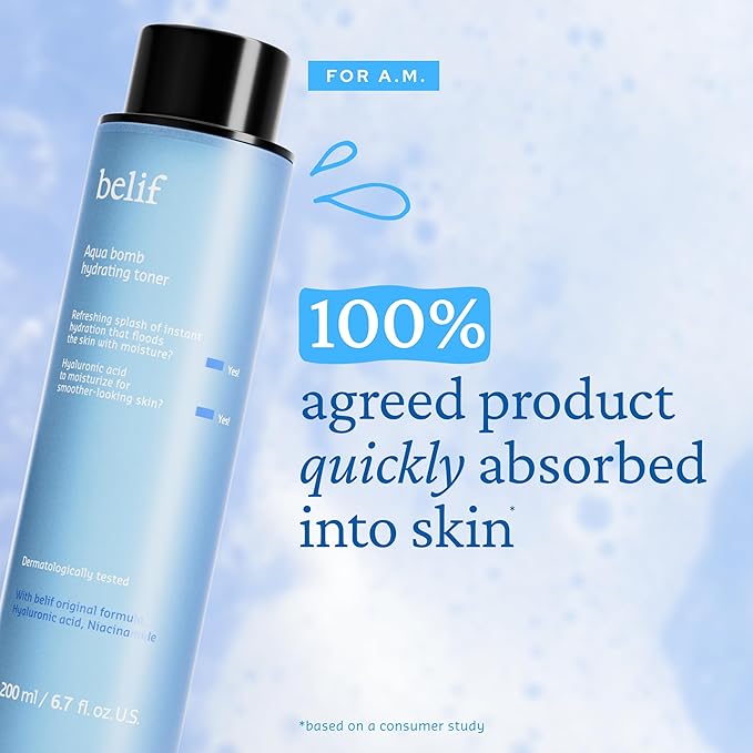 belif Niacinamide Hydrating Toner – Aqua Bomb Lightweight Cooling Toner with Hyaluronic Acid, Soothing and Balancing Formula, Skin Barrier Repair and Radiant Skin, Korean Skincare, 5.07 fl oz