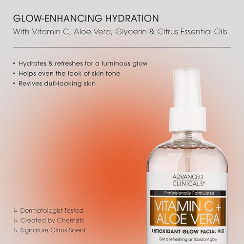 Advanced Clinicals Vitamin C Face Toner + Ferulic Acid & Rosewater, Antioxidant Facial Mist Spray for Face, Skin Refreshing, Hydrating, & Non-Greasy Instant Hydration Facial Spray, 7.5 Fl Oz