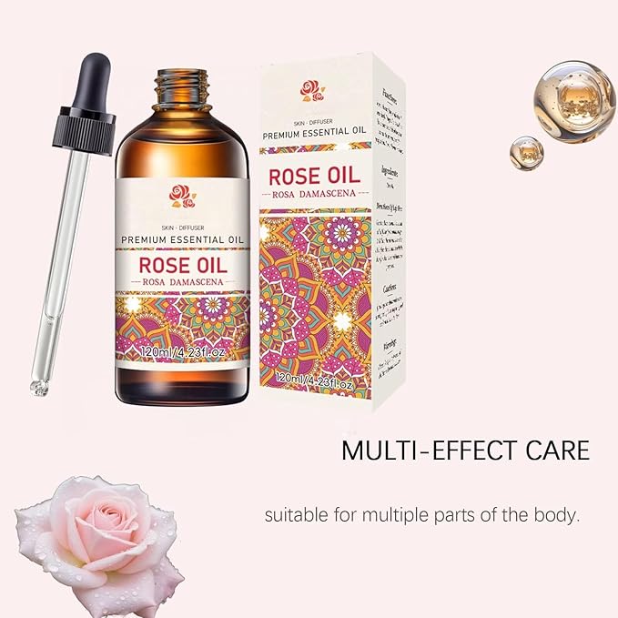 Rose Essential Oil Organic Rose Oil Essential Oils for Face, Hair, Nails, Body, Skin Care, Relaxation, Aromatherapy DIY, Diffuser, SPA Cleaning Massage, Aroma, Bath, Perfume Gift 120ml