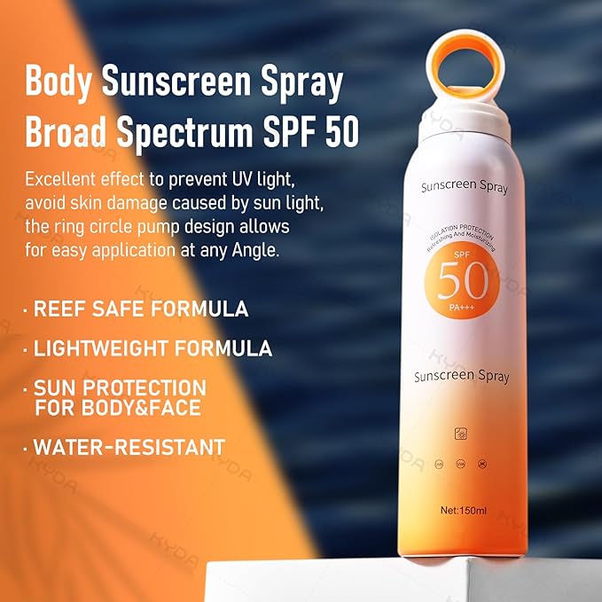 KYDA Reef Safe Sunscreen Spray, SPF 50 Body Sunscreen Infused with Vitamin E, 360° Mist, Lightweight Non-Greasy, Water Resistant, UV Protection for Face and Body, 5.07 fl oz