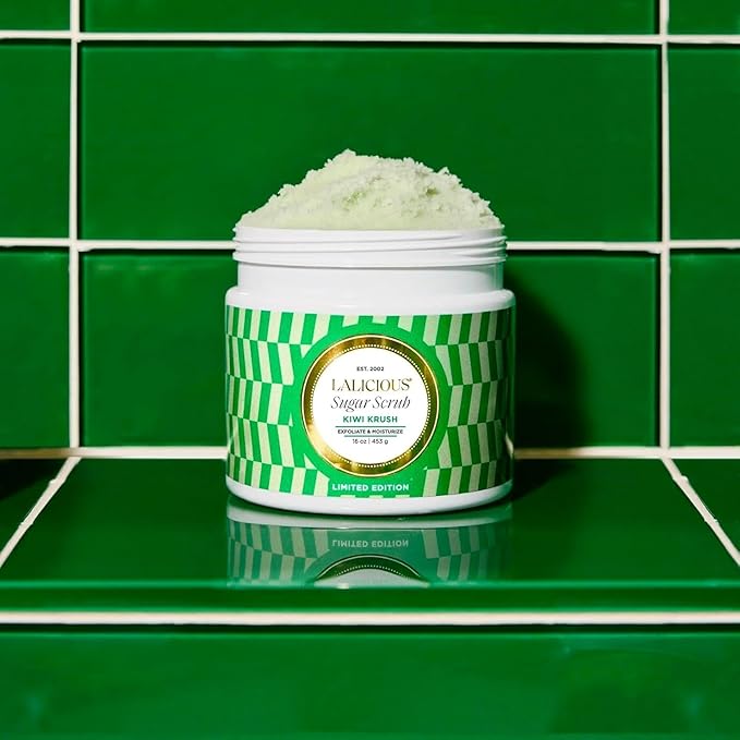 LALICIOUS Kiwi Krush Sugar Scrub - Cane Sugar Body Scrub - Exfoliating & Moisturizing Body Care with Coconut Oil and Kiwi Seed Oil for Soft, Smooth, Protected Skin - No Parabens (16oz)