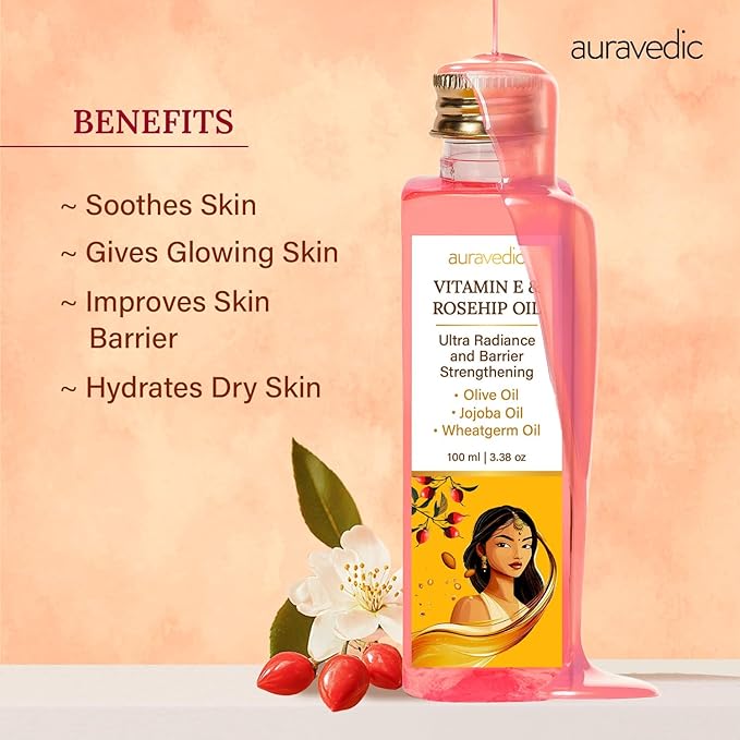 Auravedic Face & Body Oil for Dry, Dull Skin | Deep Hydration with Rosehip, Vitamin E & Almond Oil | Lightweight Daily Moisturizer for Natural Glow | 3.38 Fl Oz (100ml)