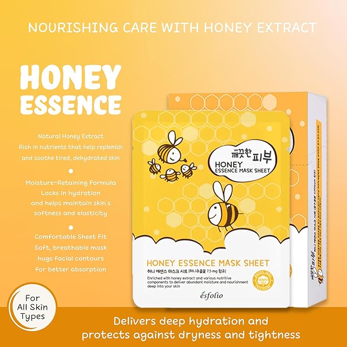 esfolio Honey Essence Face Mask – Hydrating & Nourishing Sheet Mask for Dry, Dull, Sensitive Skin – Moisturizing Face Treatment with Natural Honey Extract (Pack of 10)