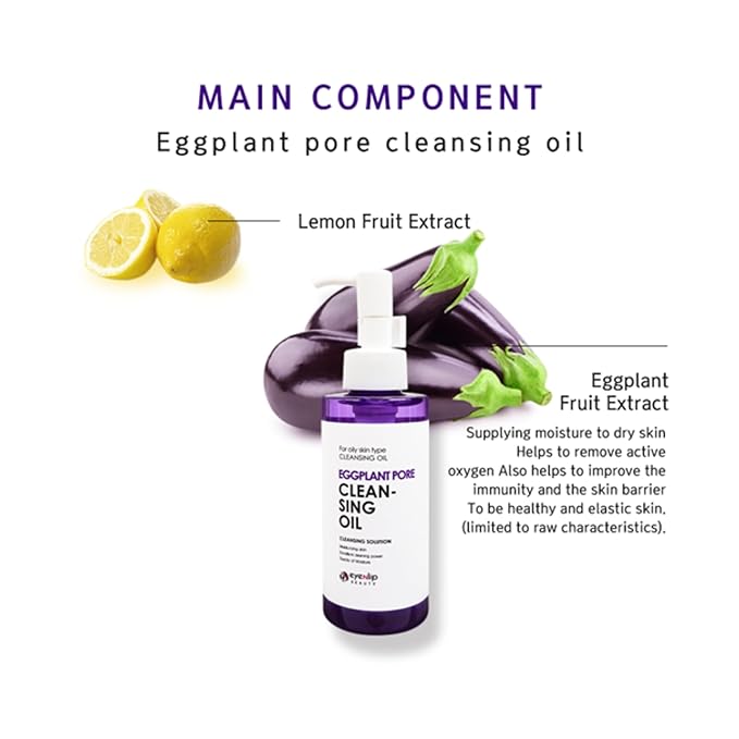 eyeNlip Eggplant Pore Cleansing Oil 5.07 fl oz - Lightweight Oil Cleanser with Jojoba, Olive & Macadamia Oils to Dissolve Makeup and Balance Oily Skin, Korean Skincare