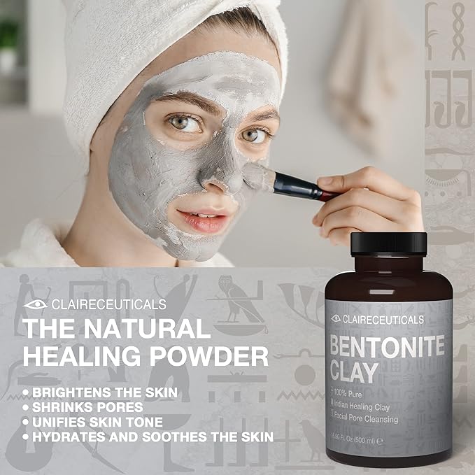 Bentonite 100% Pure Bentonite Clay - Indian Healing Clay Face Mask - Indian Clay Mask for Face, Calcium Bentonite Clay Powder, Bentonite Clay Mask - Indian Face Mask Skin Care, 16.9 Fl Oz