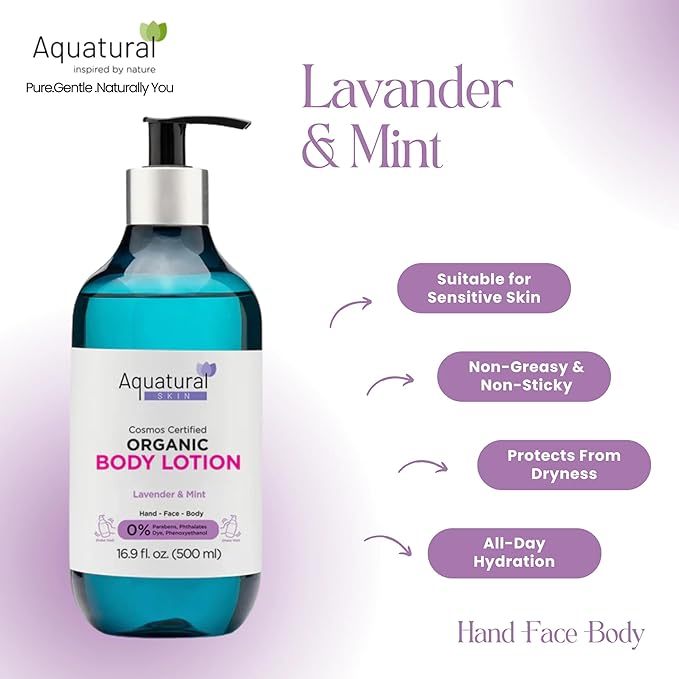 Organic Body Lotion for Women & Men, Cosmos Certified Daily Lotion, Sensitive Skin Lotion, Deep Hydration for Dry, Rough & Sensitive Skin Types, Lightweight, Lavender, Mint 16.9 Fl Oz