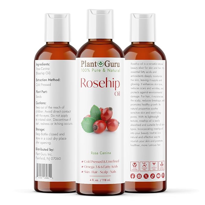 Plant Guru Rosehip Oil Unrefined 4 fl. oz. 100% Pure Cold Pressed – Nourishing for Skin, Hair, Scalp, and Nails – Hydrating, Moisturizing, and Rejuvenating.