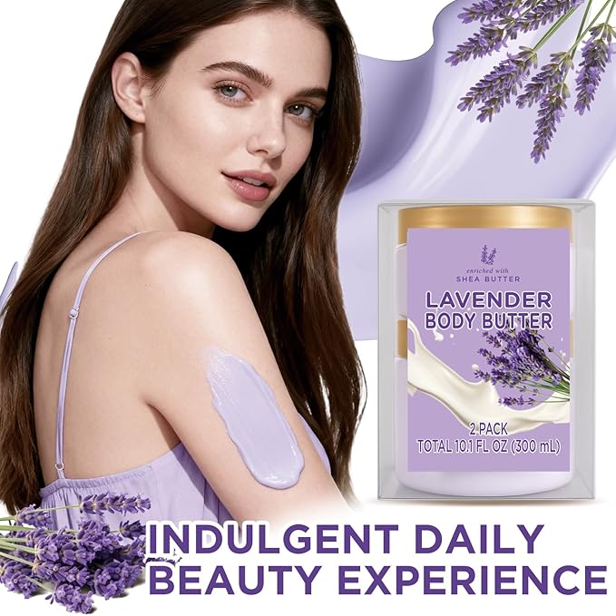Lavender Body Butter, Shea Body Butter for Women Dry Skin, Natural Lavender Lotion for Body Care Smell Good-3.4floz+6.8 floz(100ml+200ml)