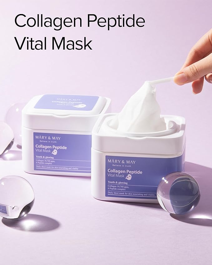 Mary&May Collagen Peptide Vital Mask (30 Sheets) – Pull-Out Case with Hydrolyzed Collagen & 6 Peptides, Firming & Fine Line Appearance Care, Hydrating Korean Sheet Mask for Mature Skin