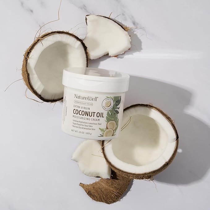 NATURE WELL Coconut Oil Moisturizing Cream for Dry Skin – Deep Hydration Lotion for Face, Body & Hands, Spa Quality Skincare, Softens & Smooths, Non-Greasy, Fast Absorbing, Vitamins A C E (10 Oz)