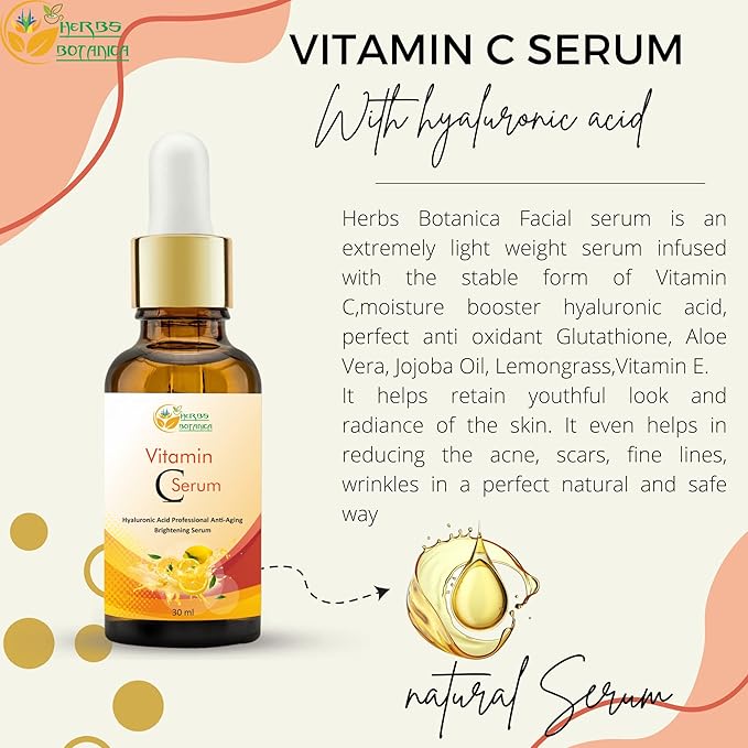 Herbs Botanica Vitamin C Serum For Face with Hyaluronic For Anti Aging Hydrating & Serum for Dark Spots, Fine Lines, Includes Vitamin E, Organic Aloe Vera and Jojoba Oil 1 fl oz