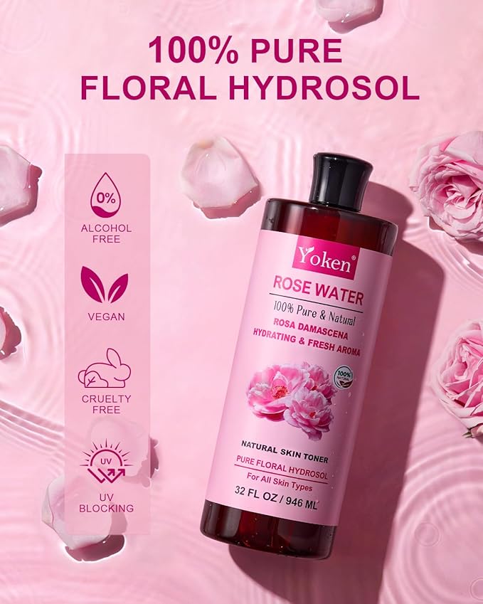 Yoken Pure Rose Water Toner for Face, 32 Fl Oz Bulk, 100% Rosa Damascena Rose Hydrosol, Refreshing Rosewater for Hair, Skin, Aromatherapy, Hydrates & Soothes, Alcohol Free, Chemical Free