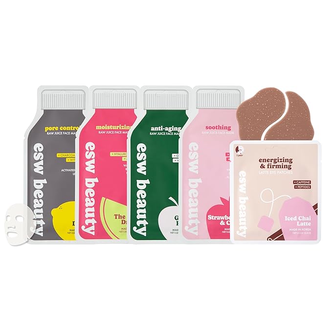 ESW Beauty Most Loved K Beauty Skincare Set - Hydrating Face Masks & Under Eye Patches - Iced Chai Latte Eye Patches - Strawberries & Cream, Deep Detox, The Pink Dream, & Green Reset Face Masks