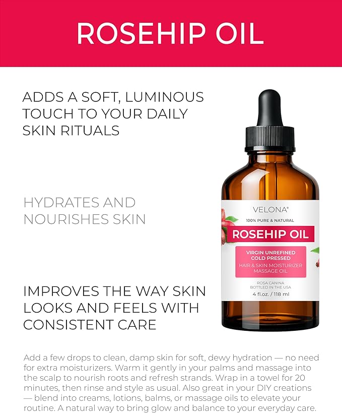 velona Rosehip Oil - 4 Fl Oz | 100% Pure and Natural Carrier Oil| Unrefined, Cold Pressed, Hexane Free | Moisturizing Face, Hair, Body, Skin Care, Stretch Marks, Scars…
