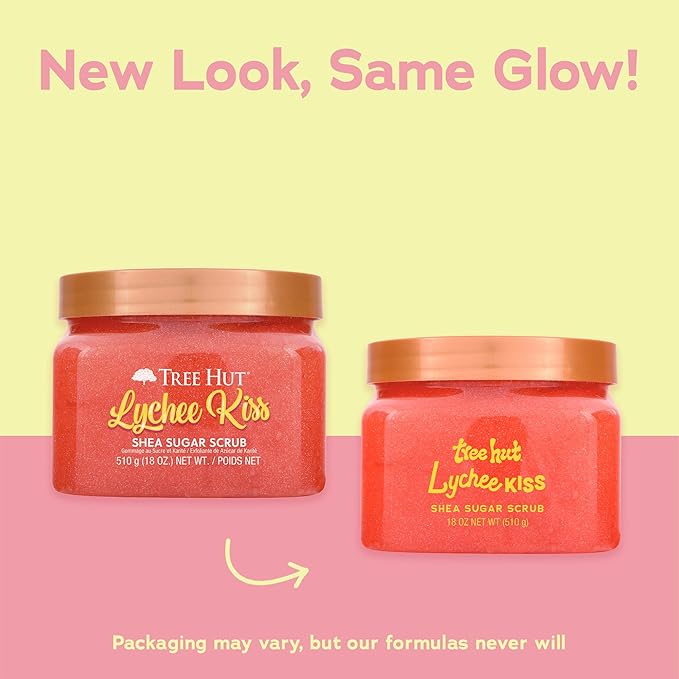 Tree Hut Lychee Kiss Shea Sugar Scrub, Exfoliating, Hydrating & Moisturizing Body Scrub with Shea Butter & Nourishing Essential Oils, Smooth & Soften Skin, 18 oz