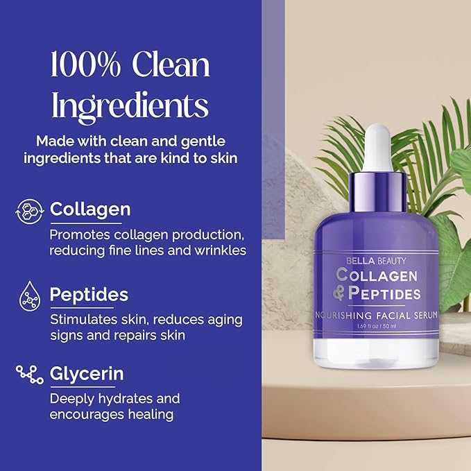 Bella Beauty Collagen & Peptides Facial Serum - Hydrates, Reduces Fine Lines & Wrinkles, Promotes Collagen - Dermatologist Tested, Korean Skin Care for All Skin Types - 1.69 Fl. Oz (2 Pack)