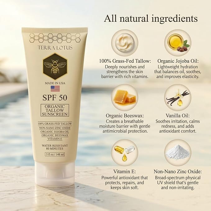 Organic Tallow Mineral Sunscreen - 50 SPF - For Face and Body - With 100% Grass-Fed Tallow and Non-Nano Zinc Oxide Reef Safe - (5 Oz)