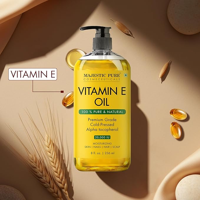 Majestic Pure Vitamin E Oil 8 Fl Oz - 100% Pure and Natural- Cold Pressed & Hexane Free Natural Hair Growth Oil for Eyelashes, Eyebrows, Skin, Body, Face, Nails & Scalp (Pack of 2)