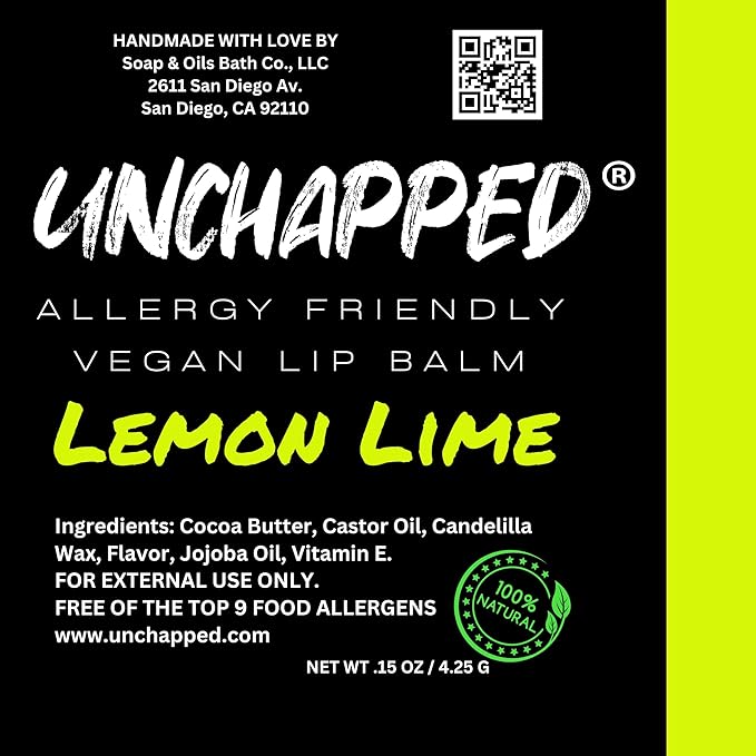 Vegan Lip Balm 5 Pack - All Natural and Free of Beeswax, Soy, Nut, and Top 9 Food Allergens (Mint, Lemon Lime, Green Apple, Honey, Cocoa Butter)