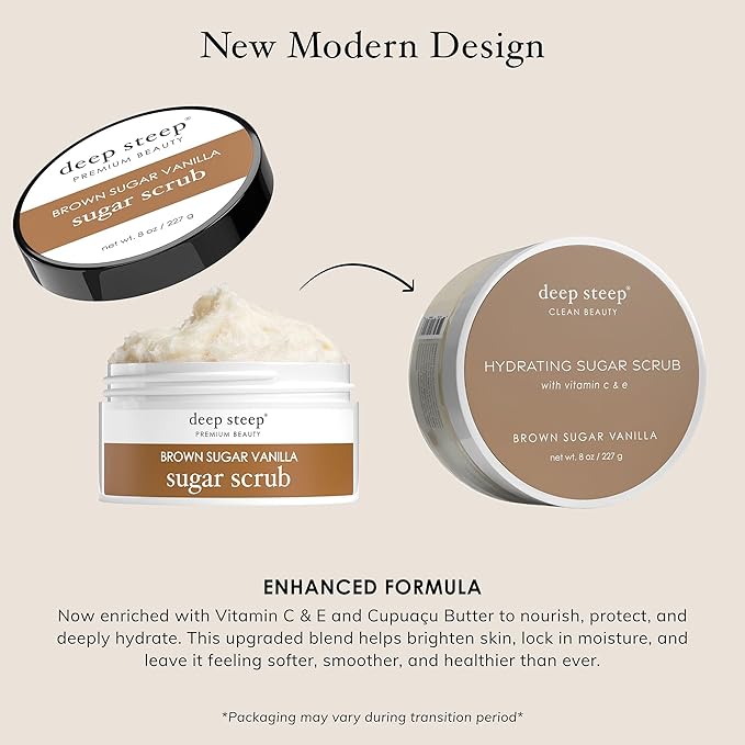 Deep Steep Sugar Scrub, Brown Sugar Vanilla, 8 oz – Exfoliating Body Scrub with Organic Coconut Oil, Shea Butter & Argan Oil – Vegan, Clean Beauty, Smooth, Soft & Nourished Skin