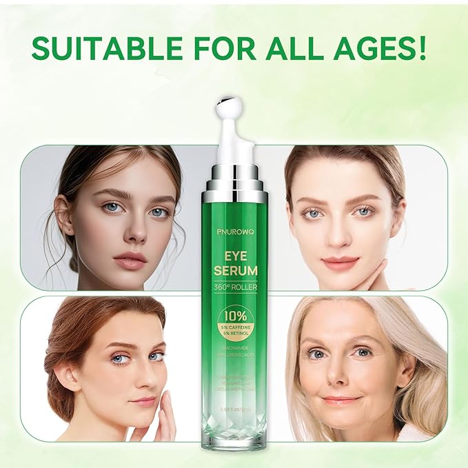 Eye Cream with 5% Caffeine Retinol Hyaluronic Acid, Eye Serum with 360° Roller Massage Ball for Puffy, Bags, Fine Lines, Dark Circles and Wrinkles, Under Eye Treatment Serum for Women & Men