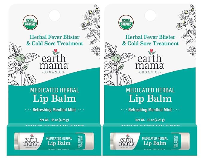 Earth Mama Medicated Herbal Lip Balm | Organic Lip Balm with Menthol for Fever Blister & Cold Sore | Refreshing Menthol Mint Lip Care, 0.15 oz (2-Pk)