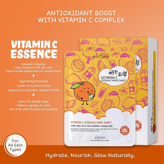 esfolio Vitamin C Essence Mask Sheet – Hydrating Face Mask, Antioxidant-Rich Korean Skincare for Radiant & Glowing Skin, Deep Moisturizing Sheet Mask for All Skin Types (Pack of 10)