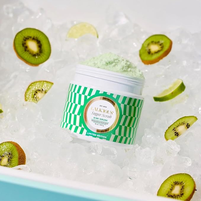 LALICIOUS Kiwi Krush Sugar Scrub - Cane Sugar Body Scrub - Exfoliating & Moisturizing Body Care with Coconut Oil and Kiwi Seed Oil for Soft, Smooth, Protected Skin - No Parabens (16oz)
