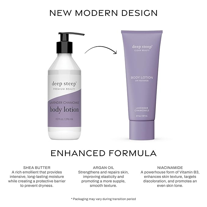 Deep Steep Body Lotion, Lavender Chamomile, 8 oz – Moisturizer with Coconut Oil, Shea Butter, Argan Oil, Aloe Vera & Niacinamide – Vegan, Clean Beauty, Daily Skin Hydration